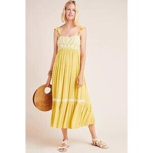 Rega Ruffle Sleeve Floral‎ Embroidered Tiered Maxi Dress Yellow Small Ruffle Hem
